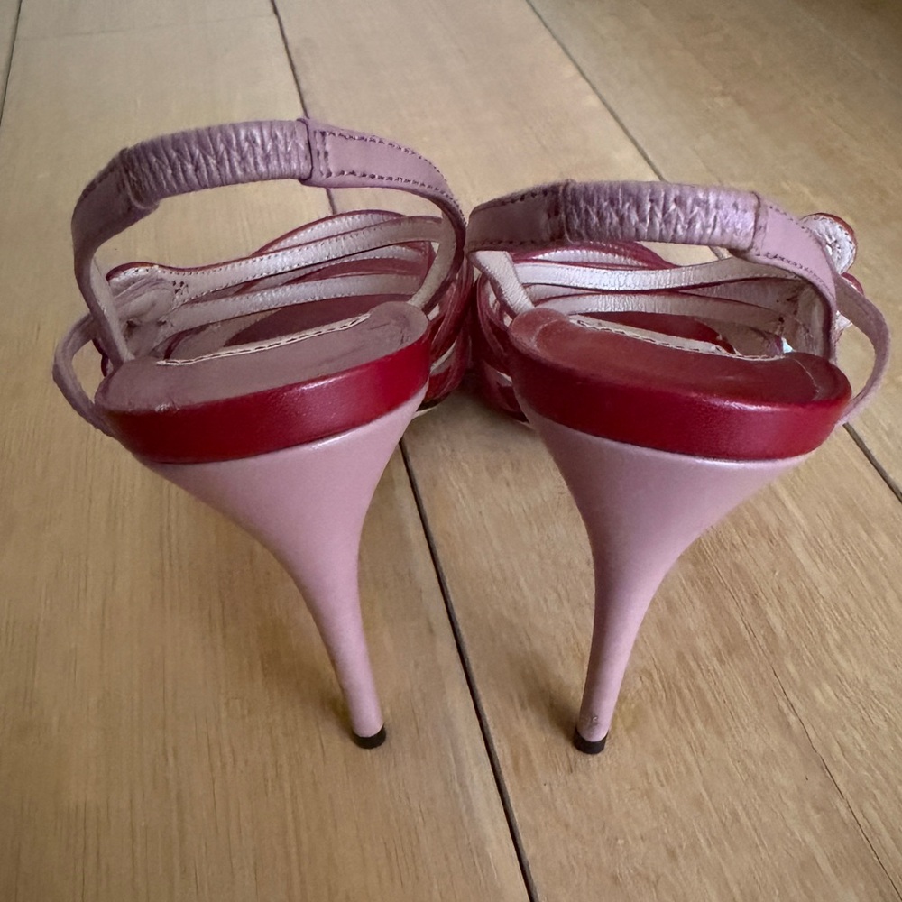 Gucci Red Multi-Strap Pearl Button Accent Slingback Heels - Picture 3 of 4